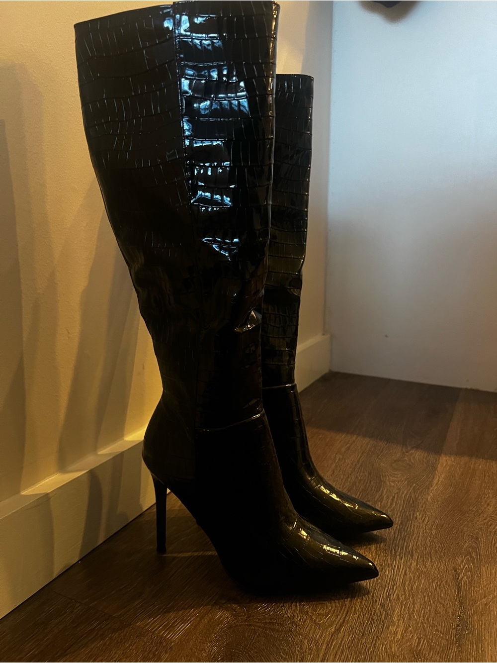 Black Croc-Embossed Pointed Toe Knee Boots - Women